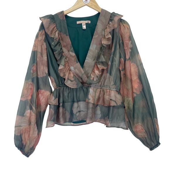 HUTCH Sema Floral Chiffon Peplum Blouse Romantic Ruffles Semi Sheer Top Womens M - Picture 1 of 9